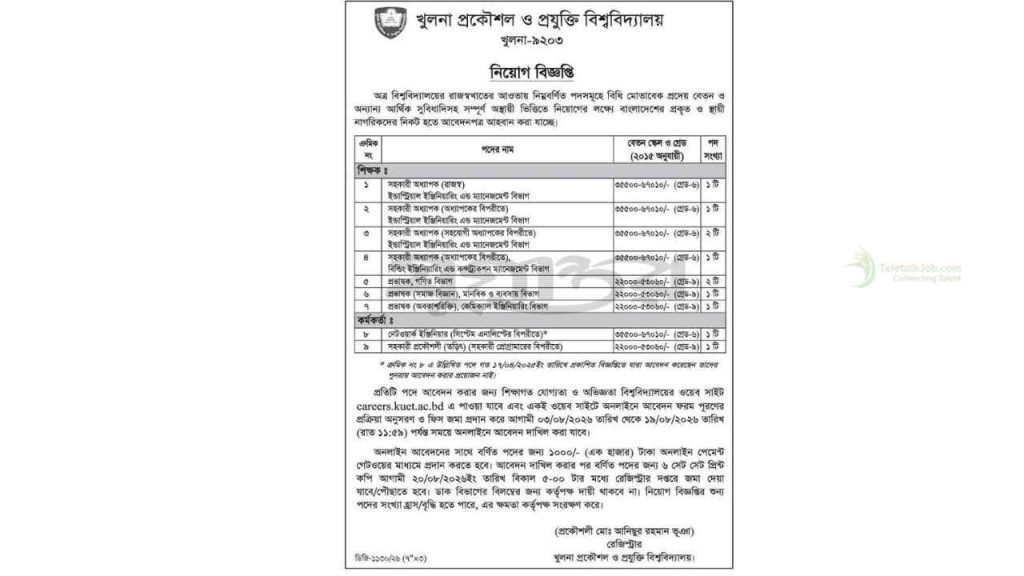 ১১টি শূন্যপদে খুলনা প্রকৌশল ও প্রযুক্তি বিশ্ববিদ্যালয় নিয়োগ বিজ্ঞপ্তি ২০২৬ 2 খুলনা প্রকৌশল ও প্রযুক্তি বিশ্ববিদ্যালয় নিয়োগ বিজ্ঞপ্তি ২০২৬ | Khulna University of Engineering & Technology Job Circular 2026