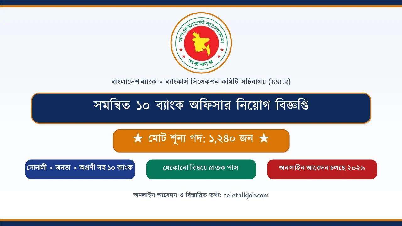 স্নাতক পাসেই ব্যাংকে সম্মানজনক ক্যারিয়ার: সমন্বিত ১০ ব্যাংকে অফিসার পদে ১২৪০ জনের বিশাল নিয়োগ ২০২৬ 1 সমন্বিত ১০ ব্যাংক অফিসার নিয়োগ বিজ্ঞপ্তি ২০২৬